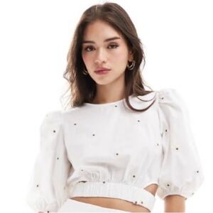 Zero IN ON . Embroidered Puff Sleeve Co-ord in White ,SIZE L